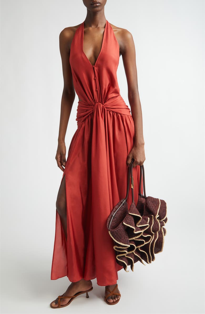 Zimmermann Indra Plunge Halter Silk Maxi Dress, Alternate, color, Raspberry