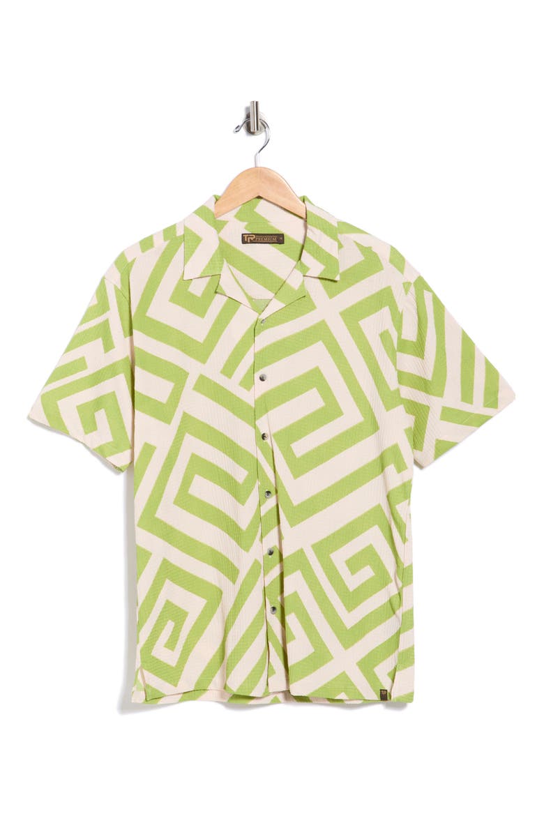 Geometric Print Camp Shirt, Alternate, color, LIGHT OLIVE