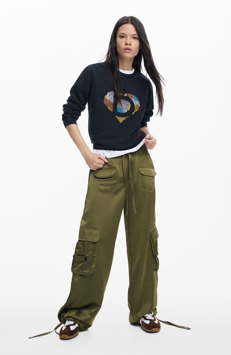 Desigual Heart Embroidered Cotton Graphic Sweatshirt, Alternate, color, Black