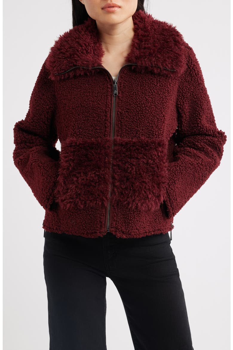 Zip Front Faux Shearling Jacket, Alternate, color, MERLOT
