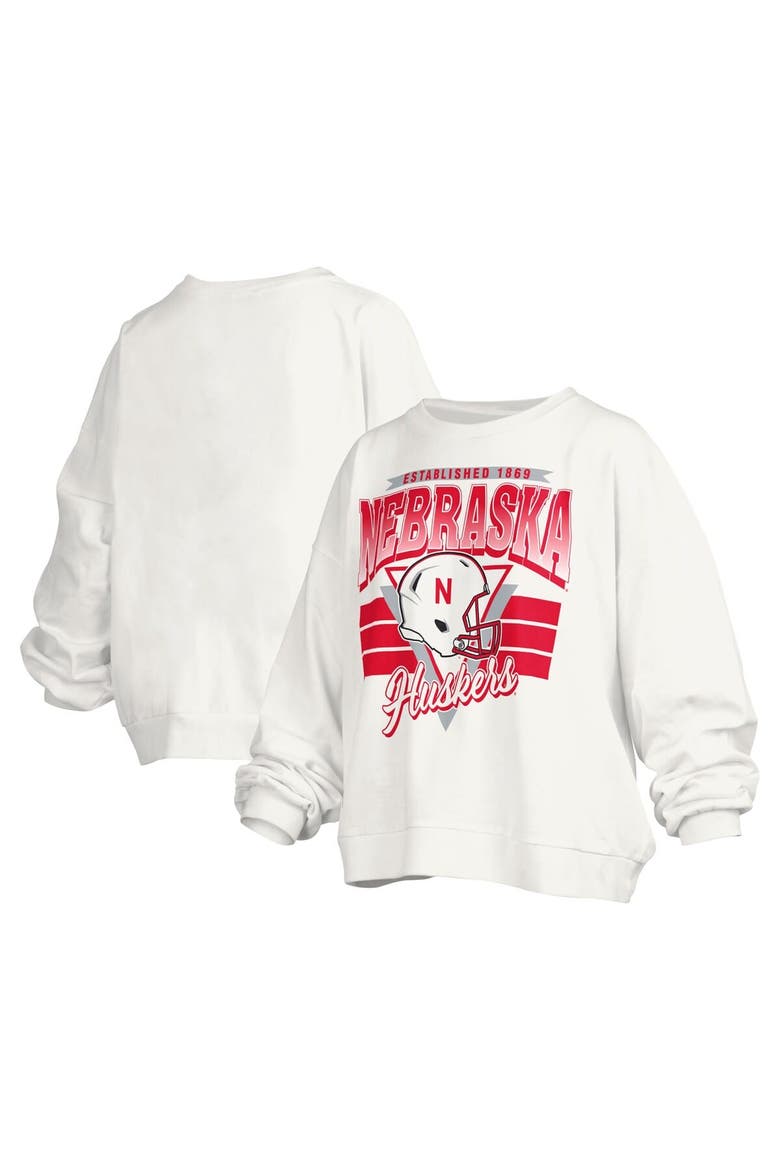 Women's Pressbox White Nebraska Huskers Janice Retro Logo Oversized Pullover Sweatshirt, Main, color, White