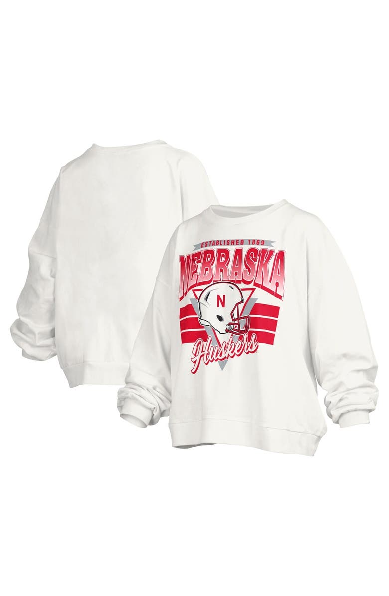 PRESSBOX Women's Pressbox White Nebraska Huskers Janice Retro Logo Oversized Pullover Sweatshirt, Main, color, White