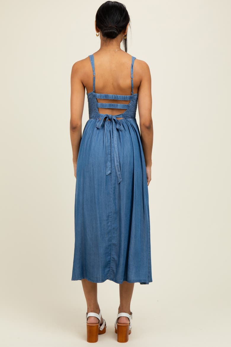 Smocked Chambray Tie Back Cutout Midi Dress, Alternate, color, Blue