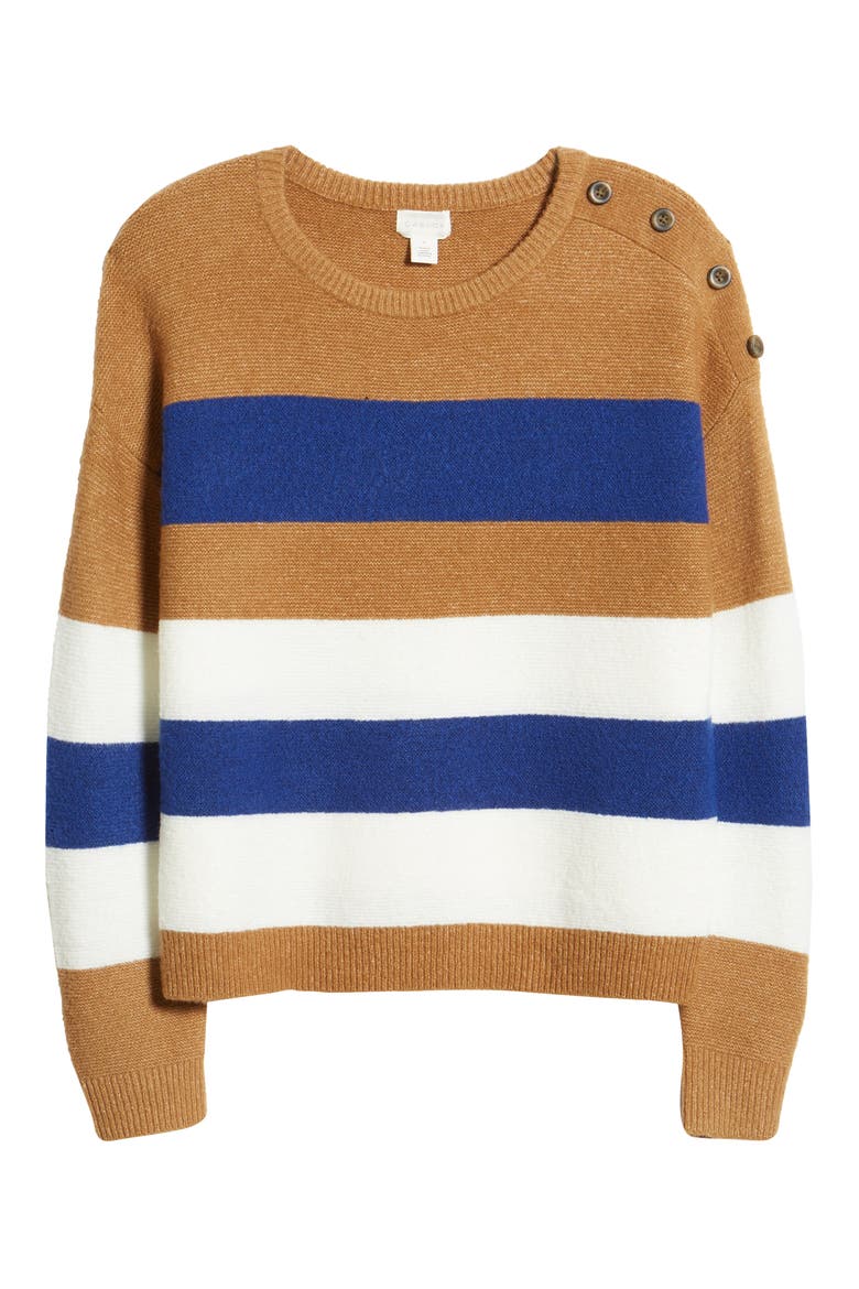 Shoulder Button Sweater, Alternate, color, TAN- BLUE IVORY BLOCK STRIPE
