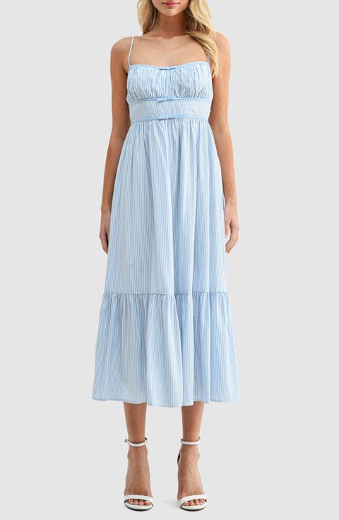 Stripe Bow Detail Ruffle Hem Midi Dress