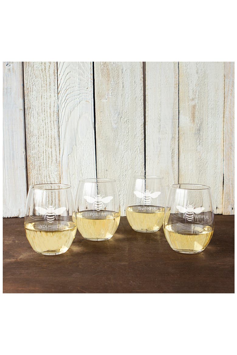 Theme Etched Set of 4 Stemless Wine Glasses, Alternate, color, BEE THANKFUL