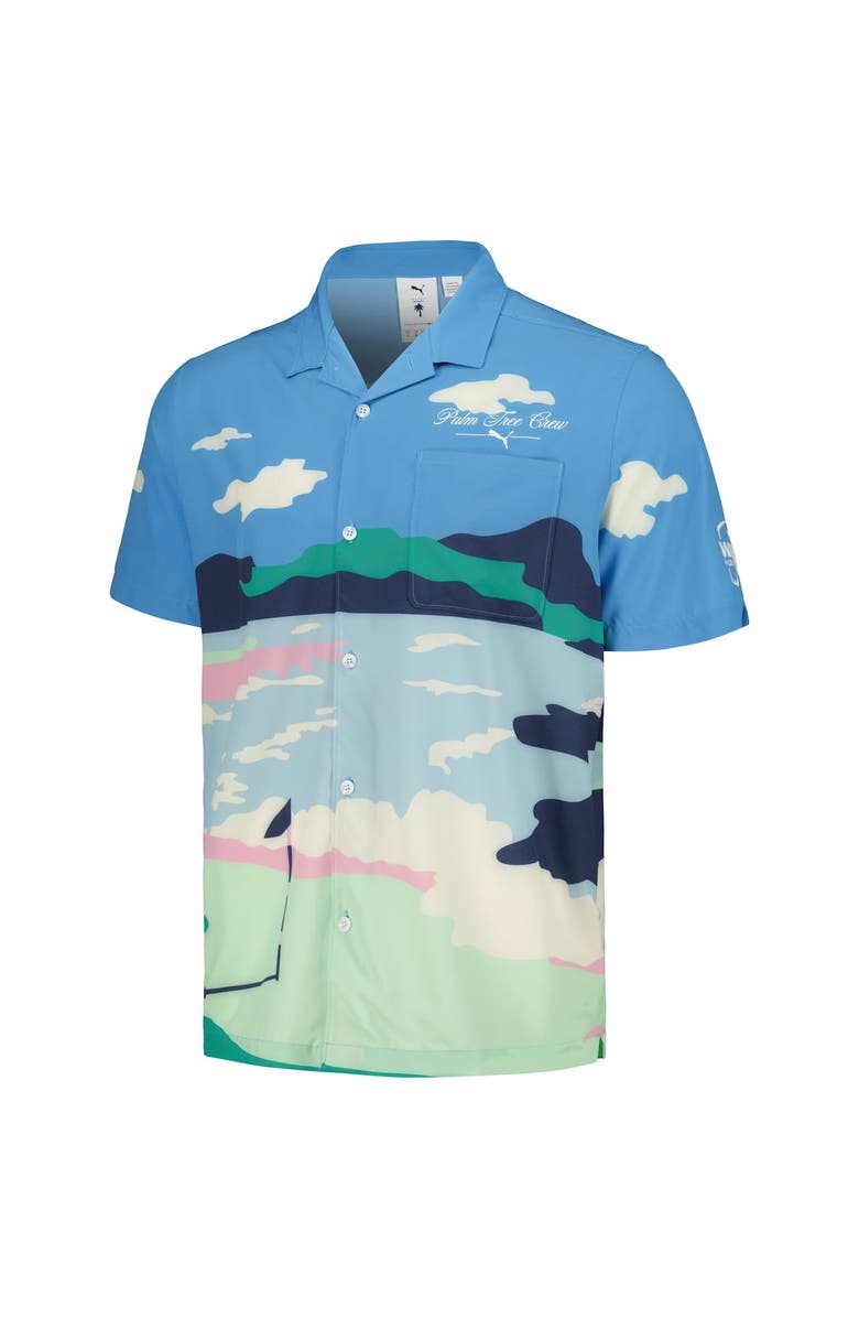 PUMA Men's Puma x PTC Blue WM Phoenix Open Print MATTR Button-Up Shirt, Alternate, color, Blue