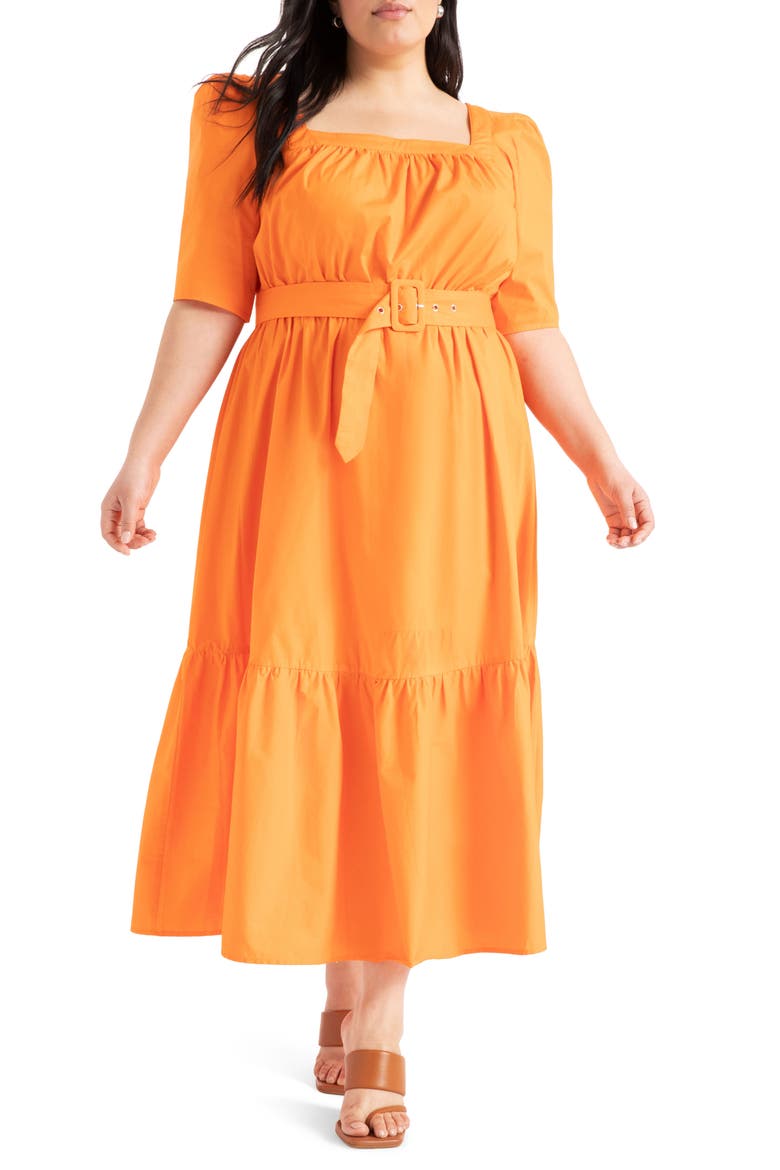 Belted Stretch Poplin Dress, Main, color, AMBER GLOW