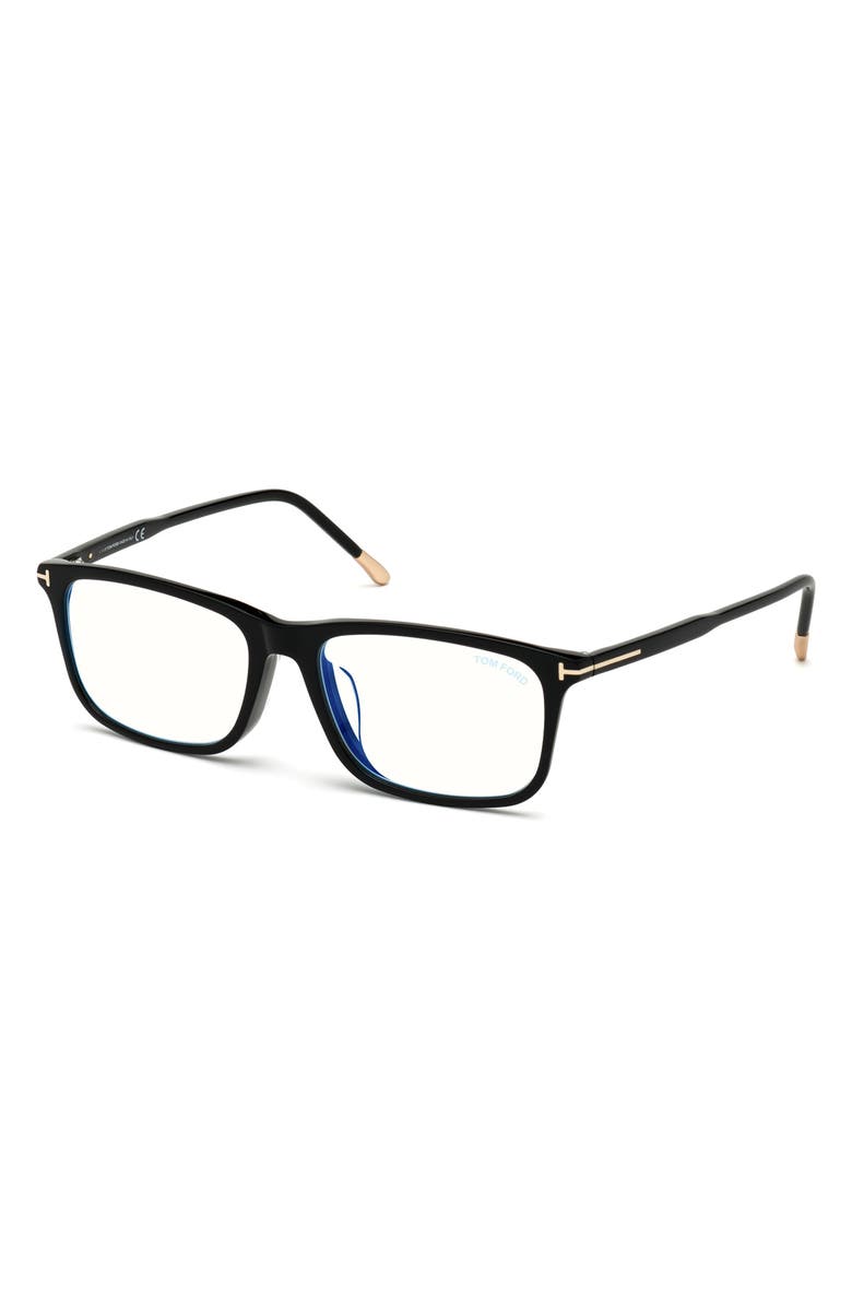 TOM FORD 57mm Rectangular Blue Light Blocking Optical Glasses, Alternate, color, Black Rose Gold Temple