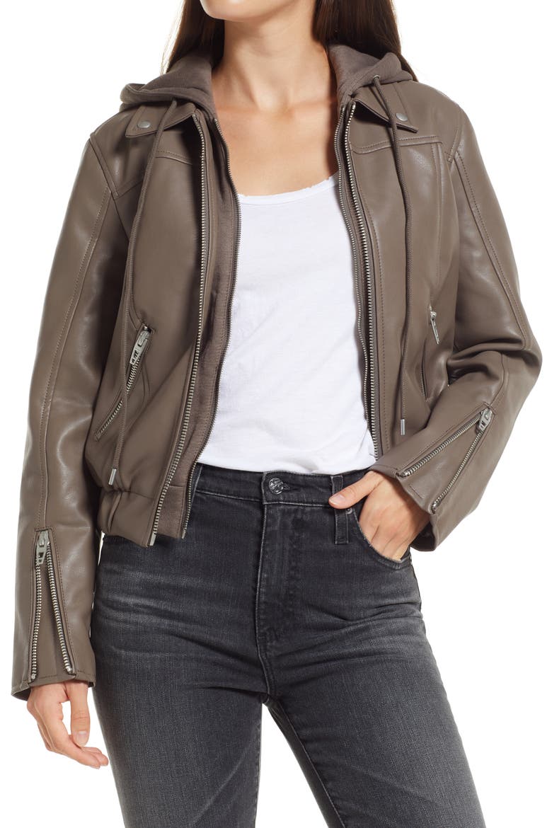 Faux Leather Bomber Jacket with Removable Hood, Main, color, WEEKEND RETREAT