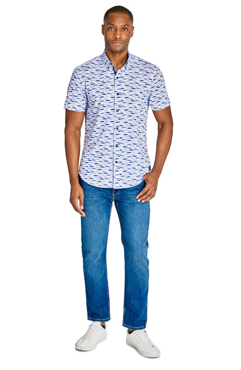 CONSTRUCT Fish Print Short Sleeve Stretch Button-Down Shirt, Alternate, color, White/Blue
