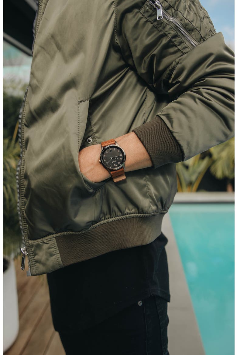 MVMT Field Nomad Leather Strap Watch, 41mm, Alternate, color, BROWN/ COFFEE/ BEIGE GOLD