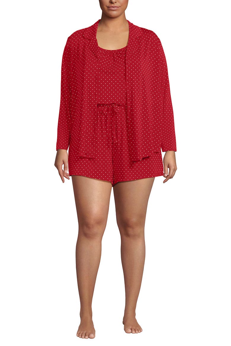 Plus Size Cooling 3 Piece Pajama Set - Long Sleeve Top Cami and Shorts, Main, color, Compass Red Pin Dot