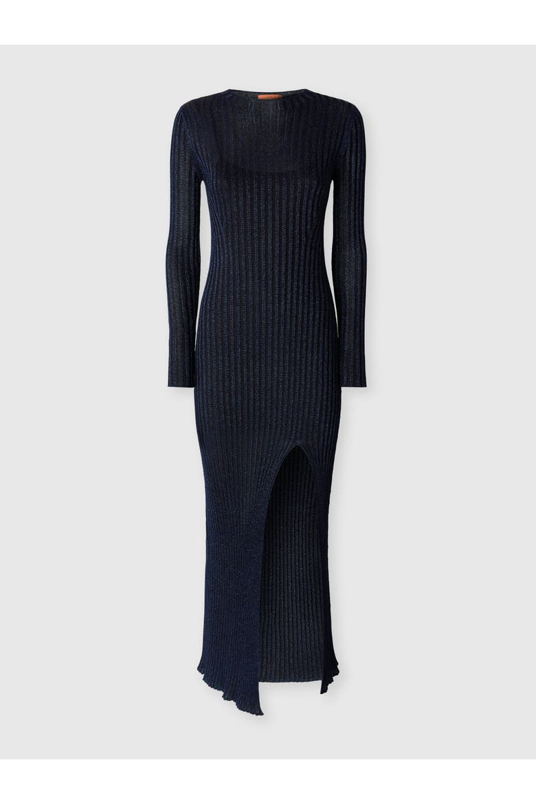 Ribbed Long Dress With Slit, Main, color, Navy Blue