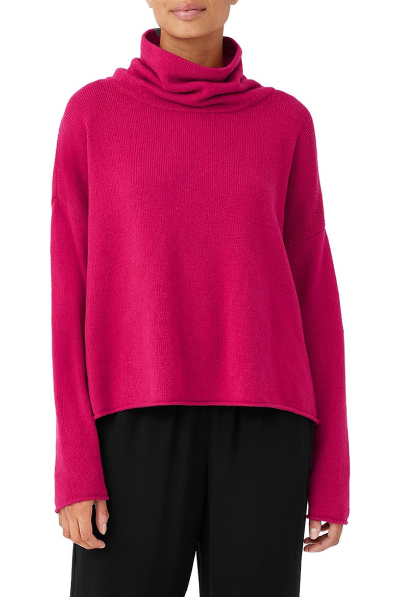 Boxy Organic Cotton & Recycled Cashmere Turtleneck Sweater, Main, color, AZALEA