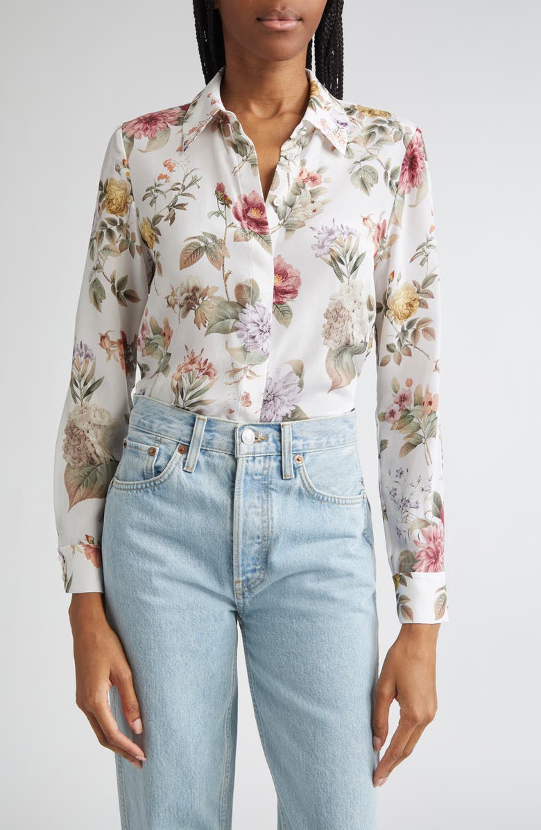 Alice + Olivia Willa Floral Silk Button-Up Shirt, Main, color, 