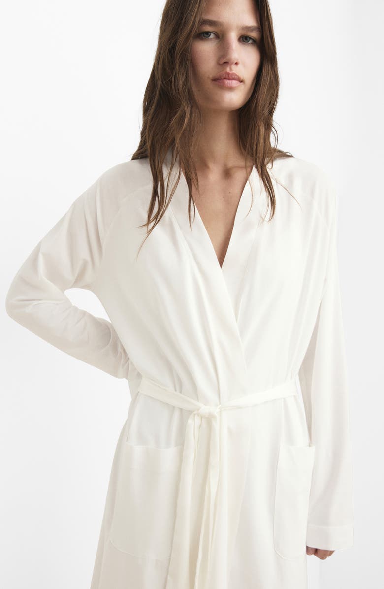 MANGO Satin Trim Cotton Blend Robe, Alternate, color, White