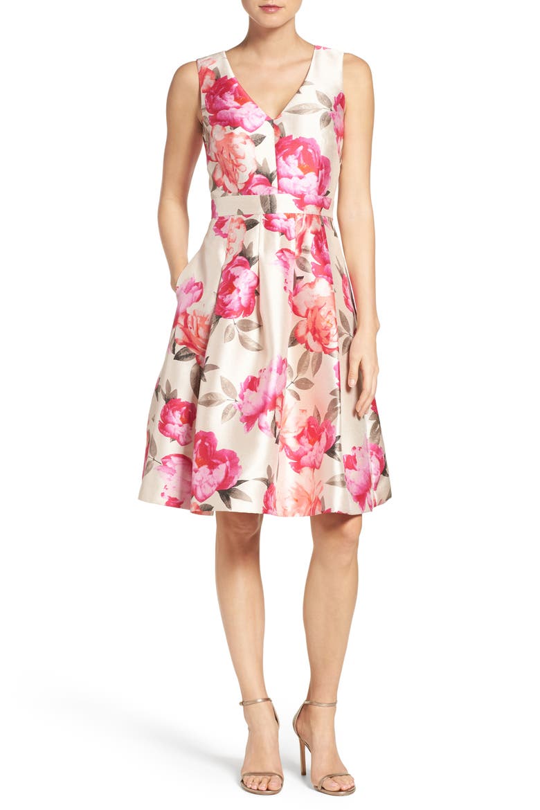 Floral Mikado Fit & Flare Dress, Main, color, IVORY/ PINK