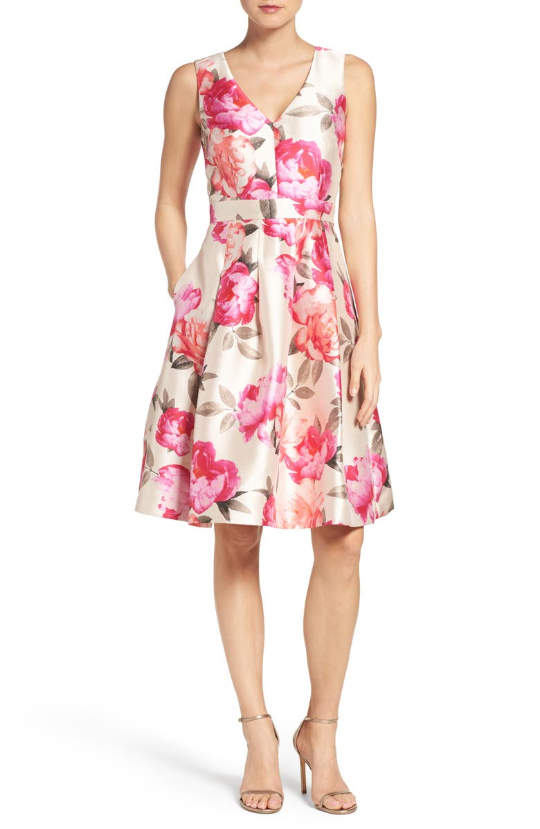 Eliza J Floral Mikado Fit & Flare Dress, Main, color, 