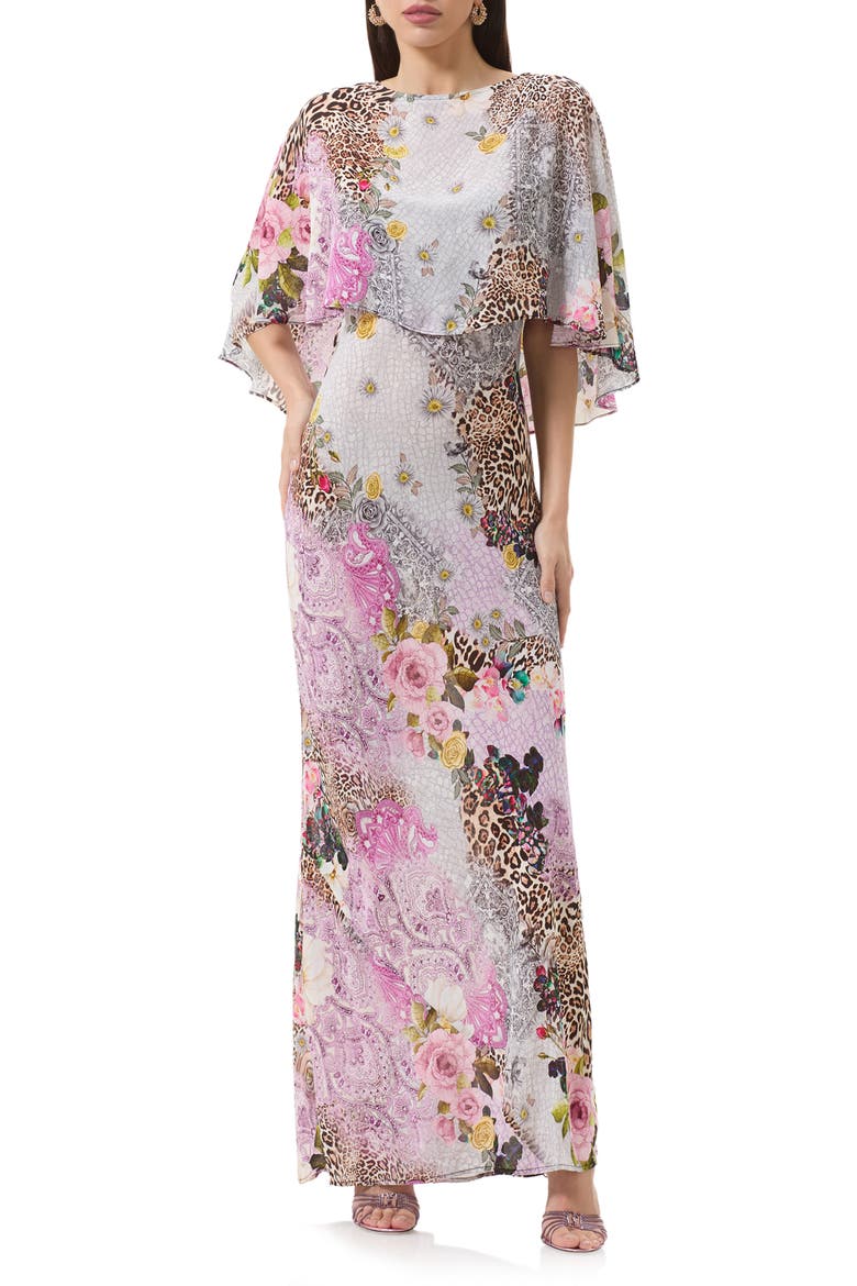 Izel Mix Print Maxi Slip Dress with Removable Cape, Main, color, NATURAL PATCHWORK