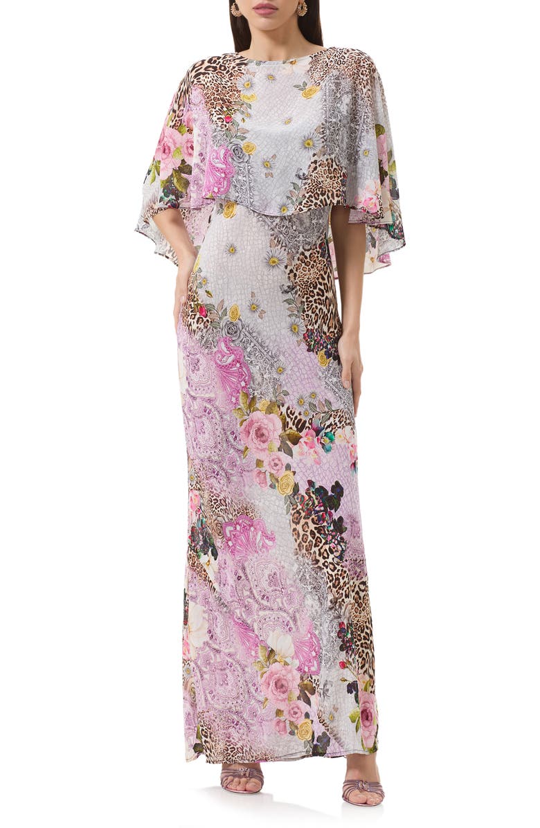 AFRM Izel Mix Print Maxi Slip Dress with Removable Cape, Main, color, Natural Patchwork