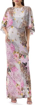 AFRM Izel Mix Print Maxi Slip Dress with Removable Cape