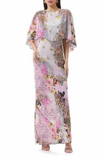 Izel Mix Print Maxi Slip Dress with Removable Cape