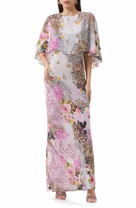 Izel Mix Print Maxi Slip Dress with Removable Cape