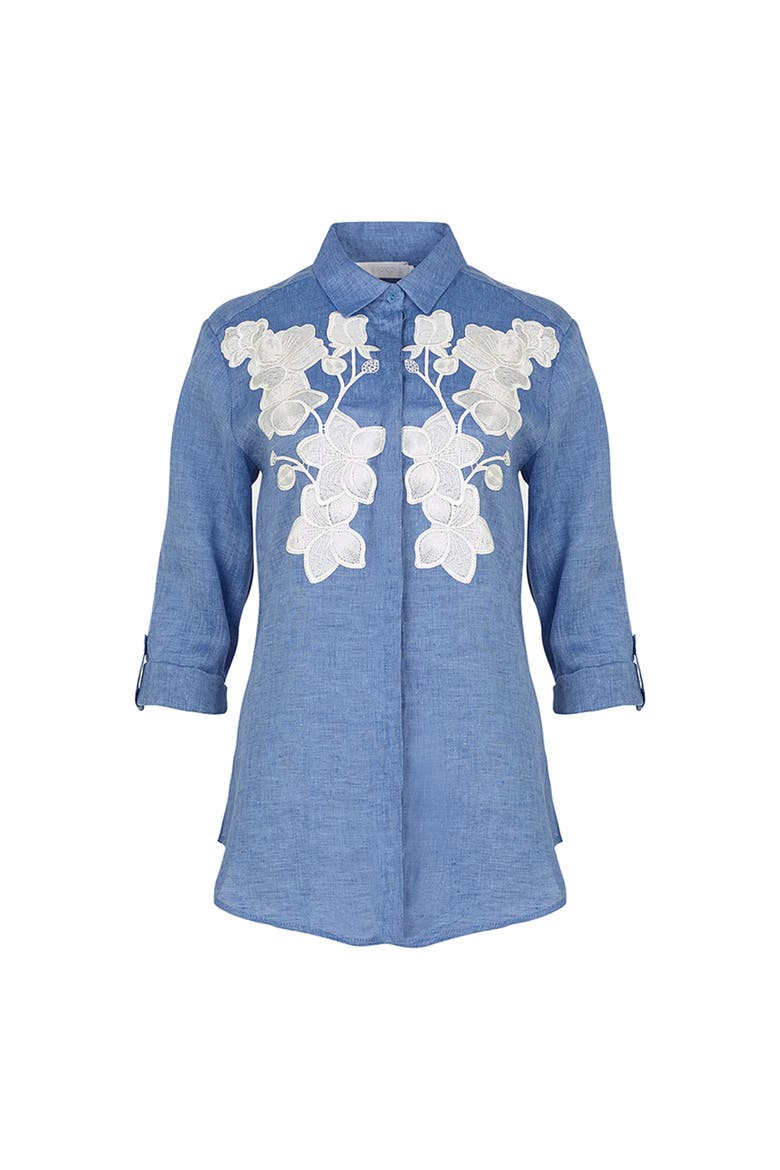 Women's Shirt  Citron Blue Linen Shirt With White Floral Applique, Main, color, Denim Blue