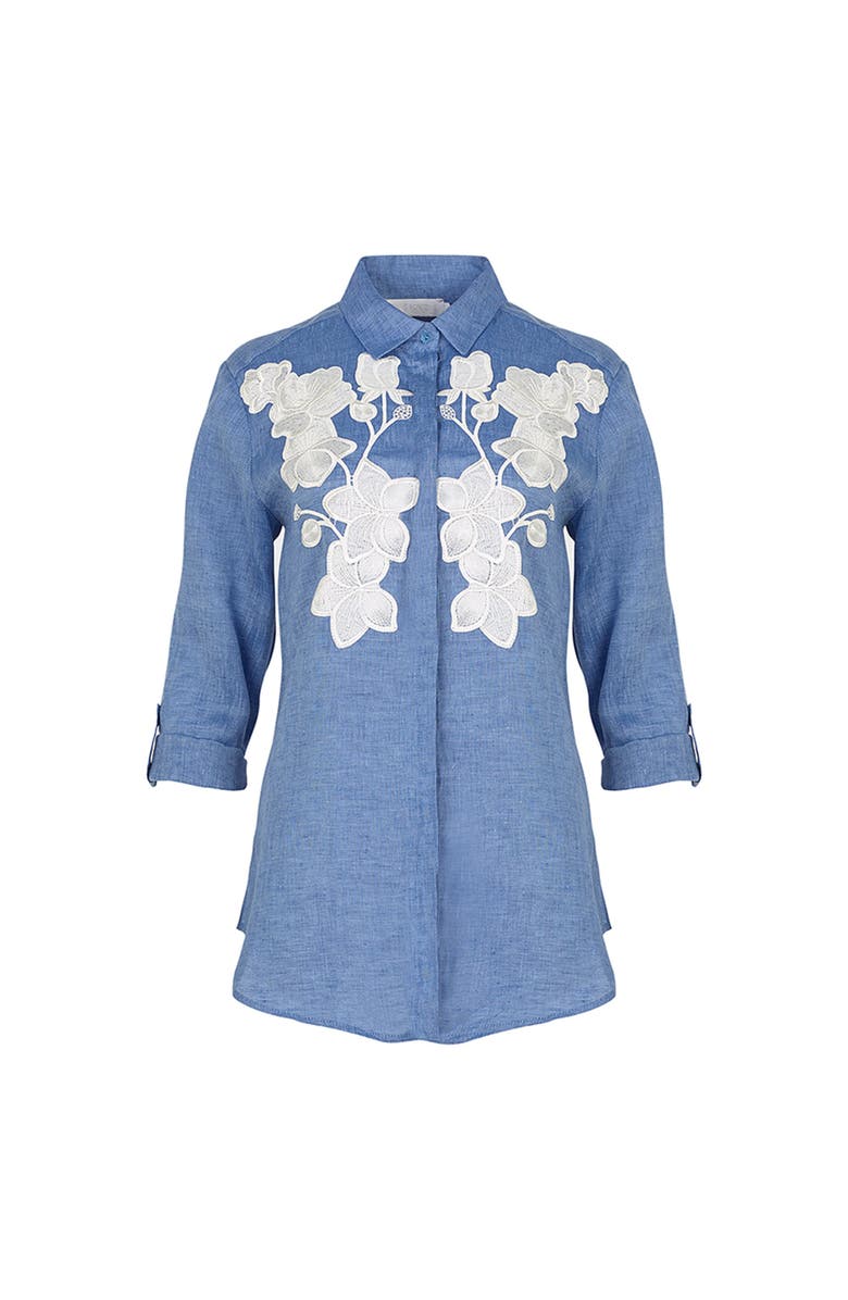 Anne Fontaine Women's Shirt Citron Blue Linen Shirt With White Floral Applique, Main, color, Denim Blue