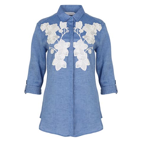 Women's Shirt  Citron Blue Linen Shirt With White Floral Applique