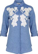 Anne Fontaine Women's Shirt Citron Blue Linen Shirt With White Floral Applique