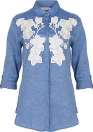 Anne Fontaine Women's Shirt Citron Blue Linen Shirt With White Floral Applique