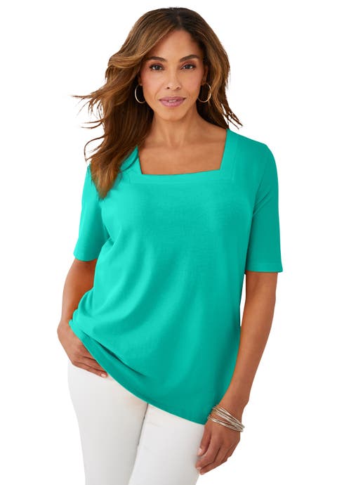 Stretch Cotton Square Neck Tee (Plus)