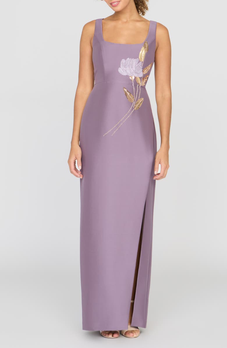 Kay Unger Paloma Beaded Placed Floral Sheath Gown, Main, color, Heather