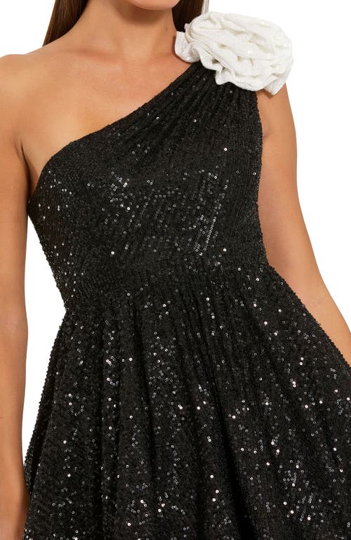 Mac Duggal One Shoulder Sequin Mini Dress With 3d Flower In Black