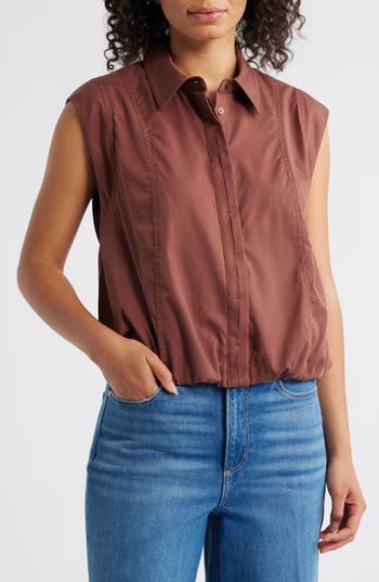 Wit & Wisdom Cap Sleeve Button-up Shirt In Brown