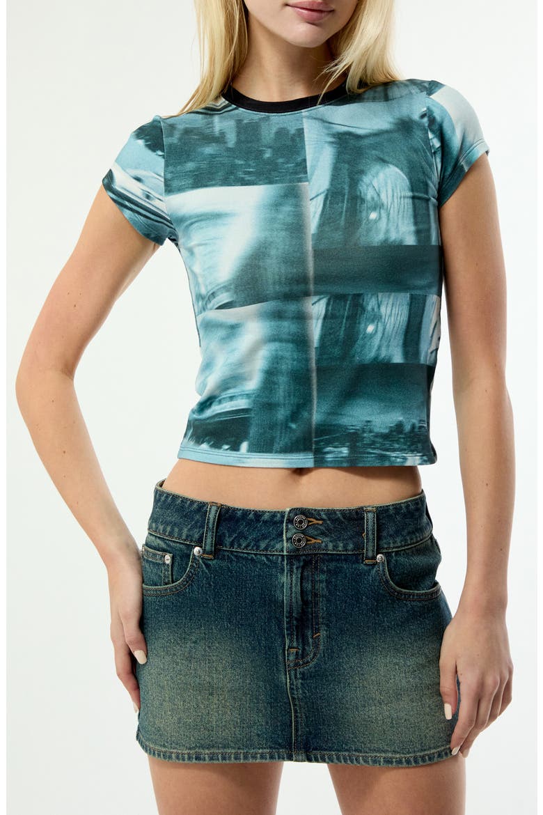 Cityscape Graphic Knit Cotton Blend Crop T-Shirt, Main, color, TEAL MULTI