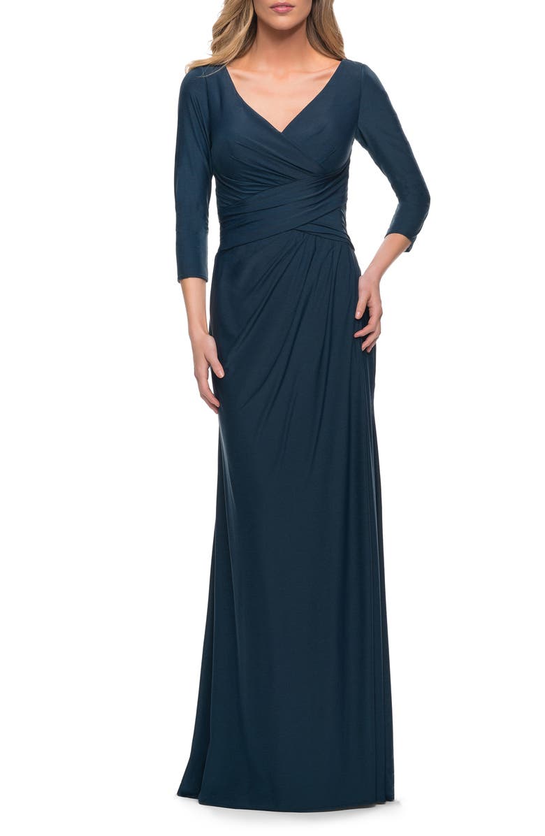 La Femme Ruched Bodice Sheath Gown, Main, color, 