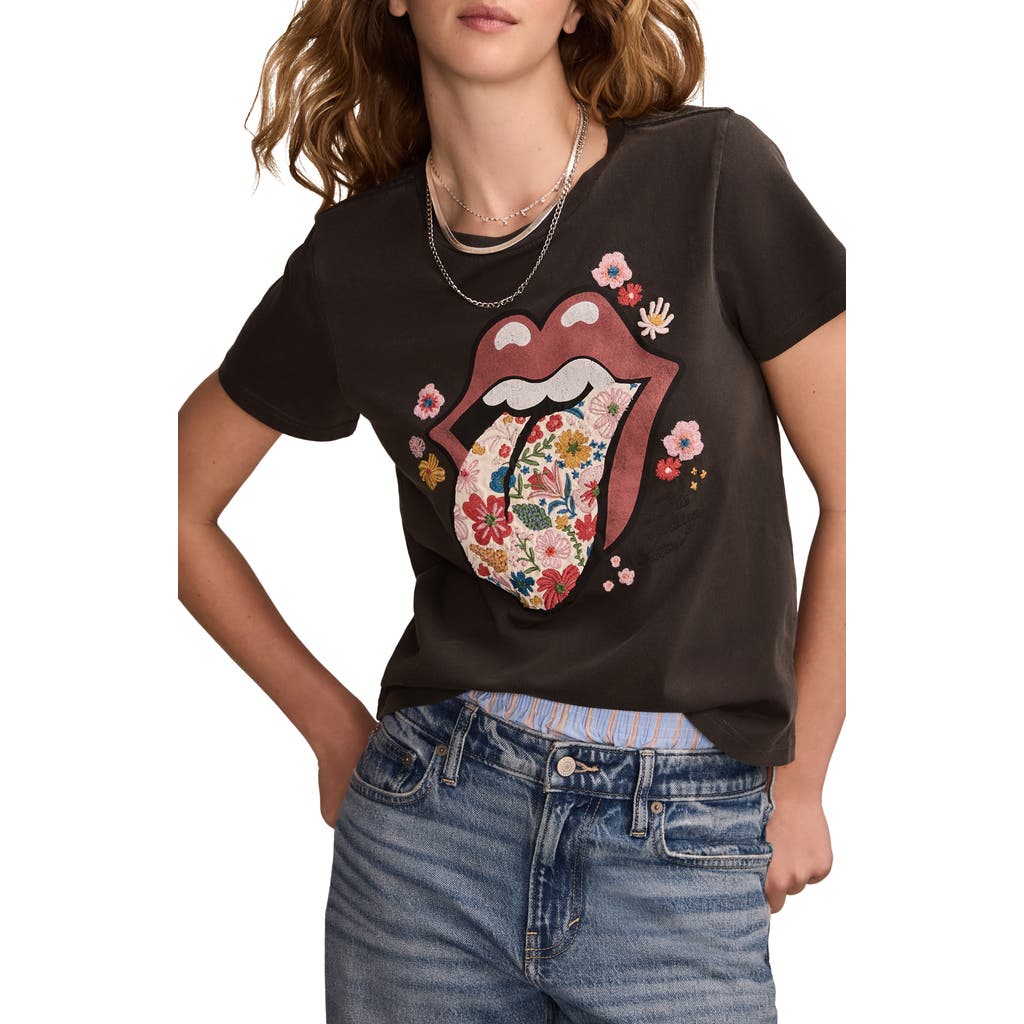 LUCKY BRAND LUCKY BRAND ROLLING STONE FLORAL EMBROIDERED COTTON GRAPHIC T-SHIRT