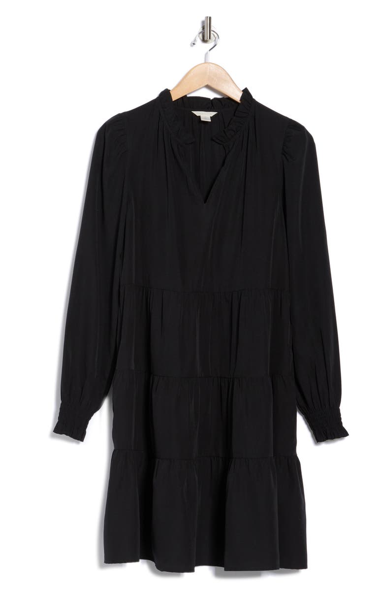 Caslon<sup>®</sup> Long Sleeve Tiered Crepe Dress, Alternate, color, Black