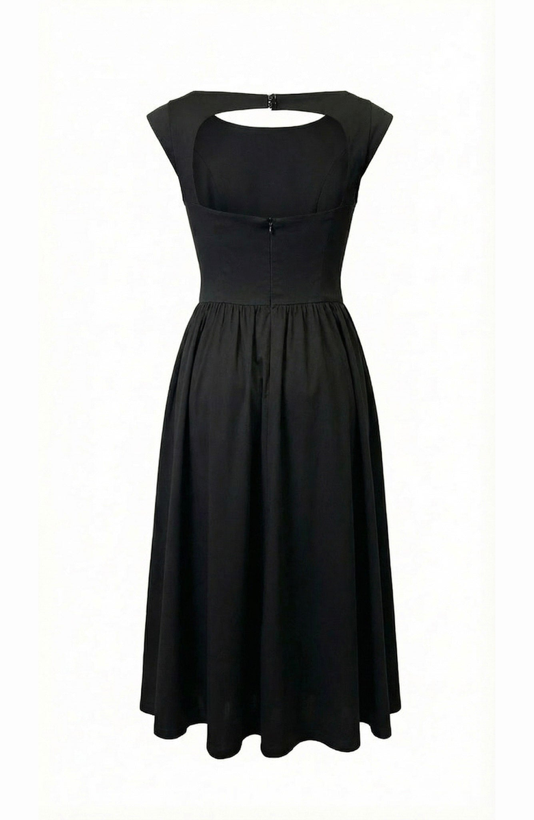 Modenaire Open Back Cap Sleeve Midi Dress, Alternate, color, Black