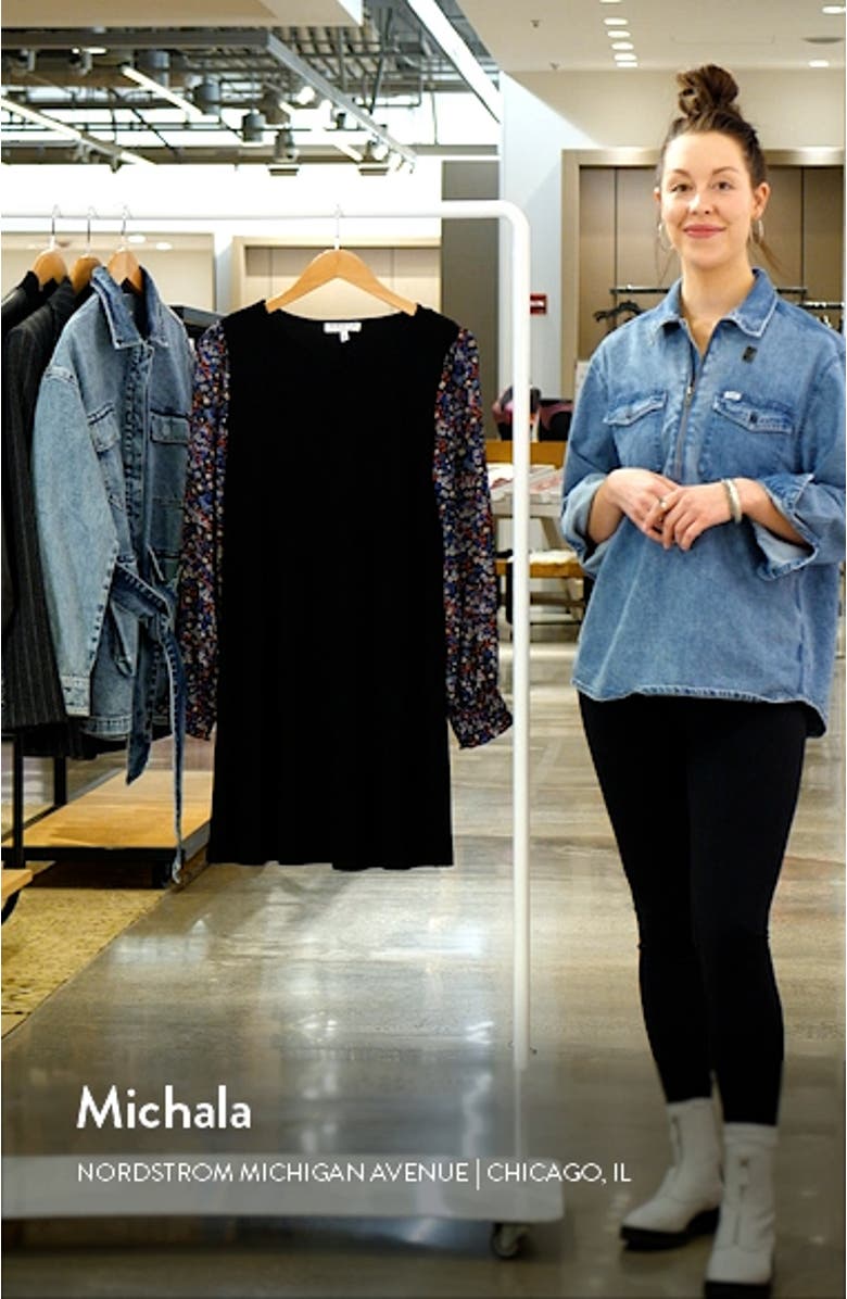 Mixed Media Floral Long Sleeve Sheath Minidress, sales video thumbnail