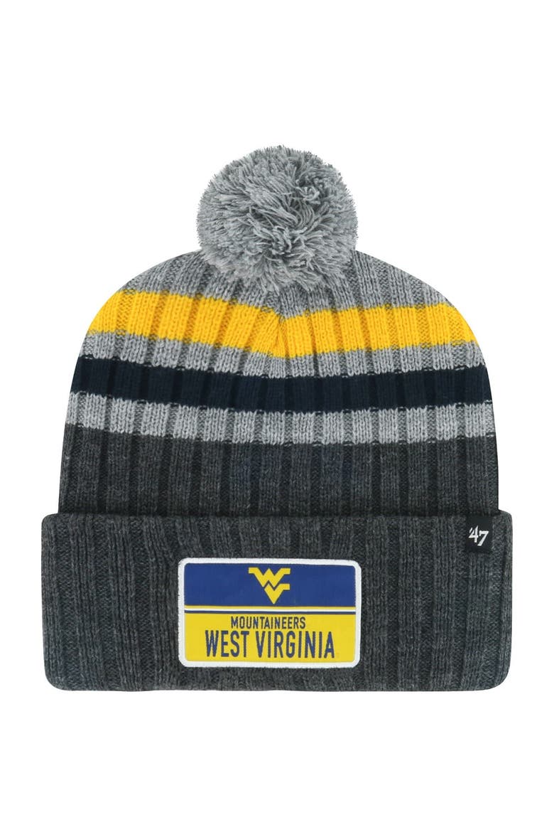 Men's '47 Charcoal West Virginia Mountaineers Stack Striped Cuffed Knit Hat with Pom, Main, color, Charcoal