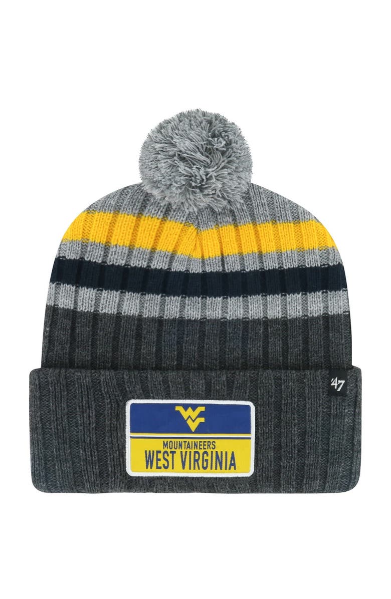 '47 Men's '47 Charcoal West Virginia Mountaineers Stack Striped Cuffed Knit Hat with Pom, Main, color, Charcoal