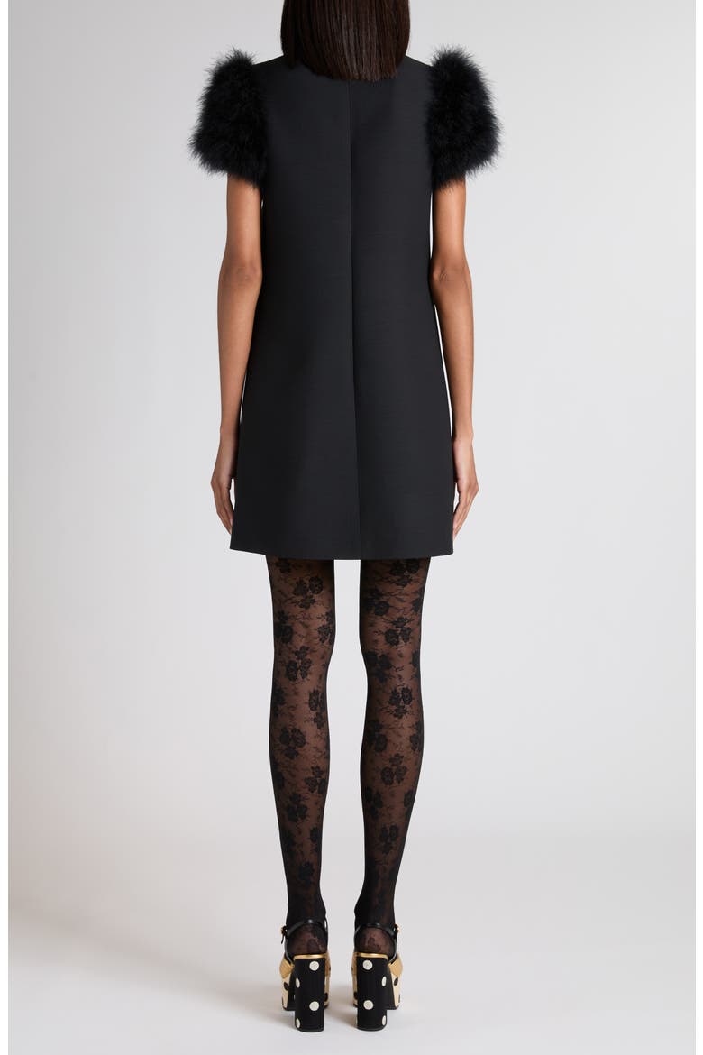 Feather Trim Crepe Couture Shift Dress, Alternate, color, BLACK