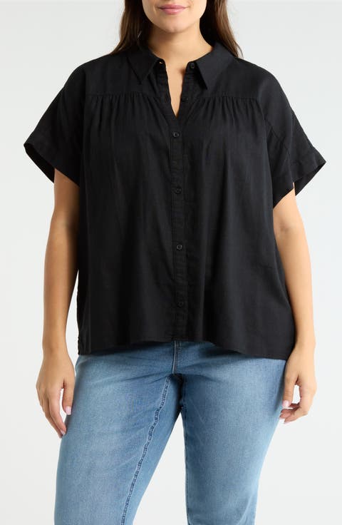 Linen Blend Button-Up Shirt (Plus)