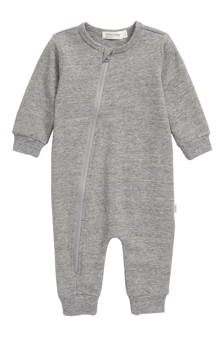 miles baby Asymmetrical Zip Romper, Main, color, DARK GREY HEATHER