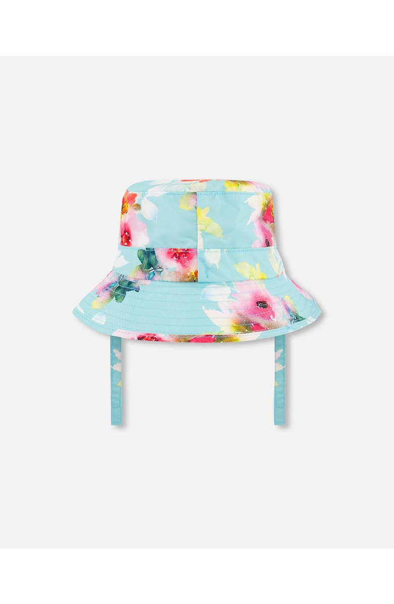 Deux par Deux Little Girl's Printed Beach Sun Hat Turquoise And Pink Flowers, Alternate, color, 