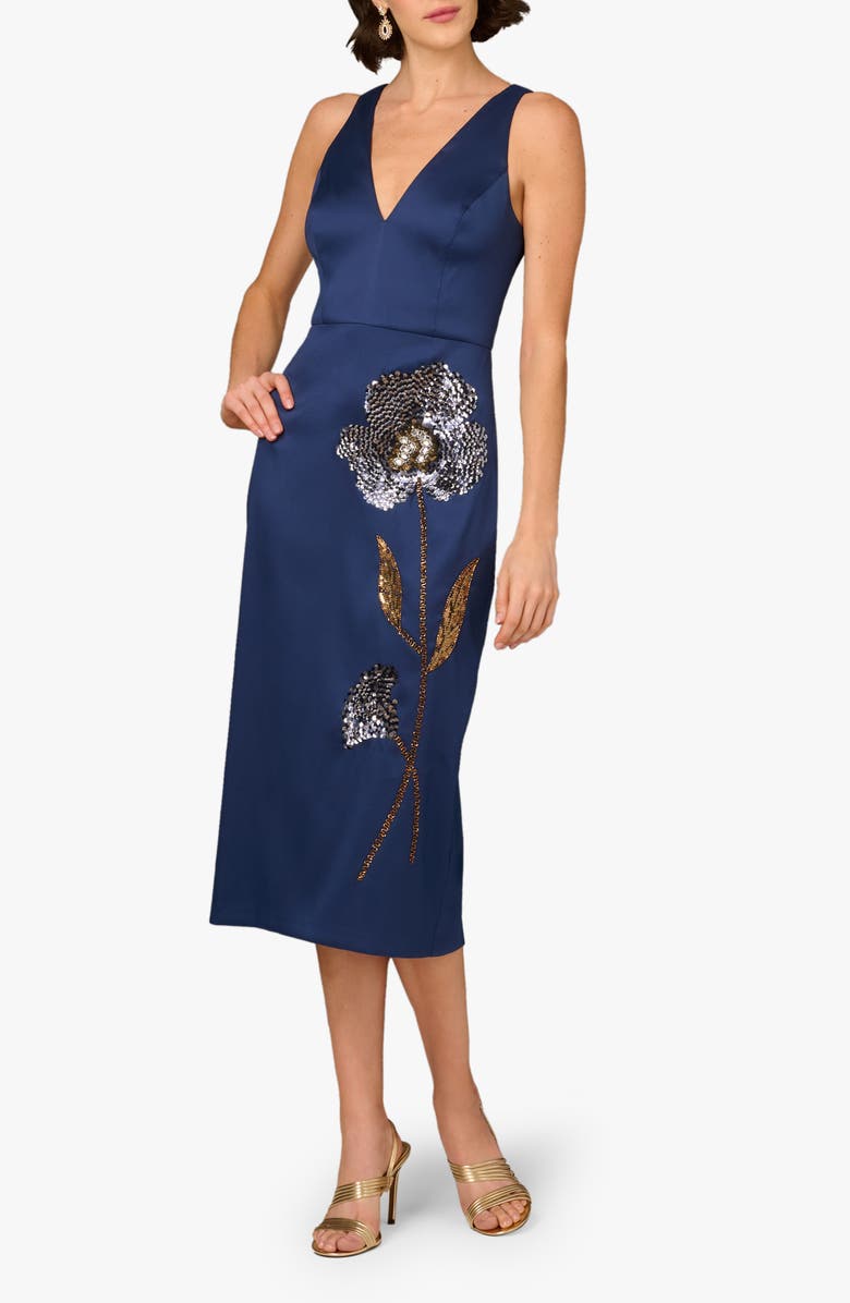 Aidan Mattox Beaded V-Neck Midi Dress, Main, color, Navy